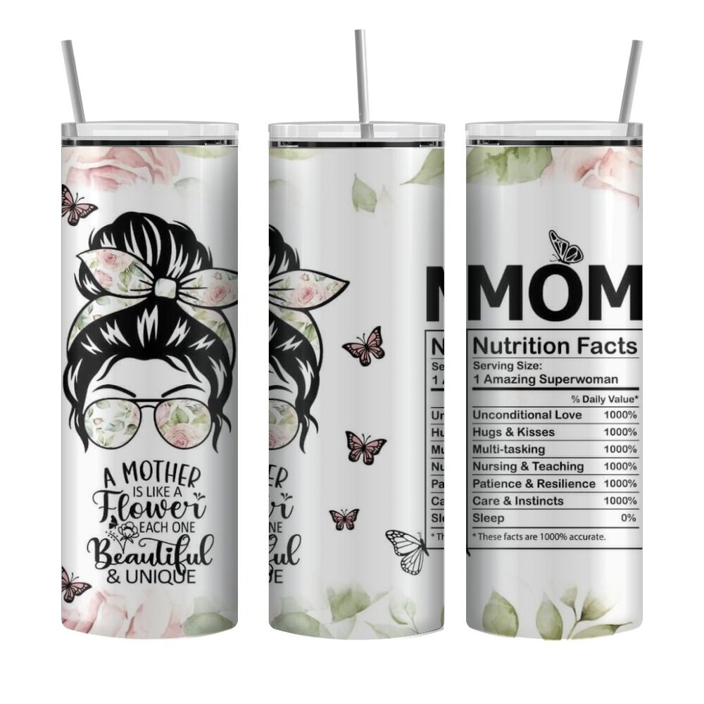 Mom nutrition facts tumbler available in 2 colors. 20 oz stainless steel tumbler